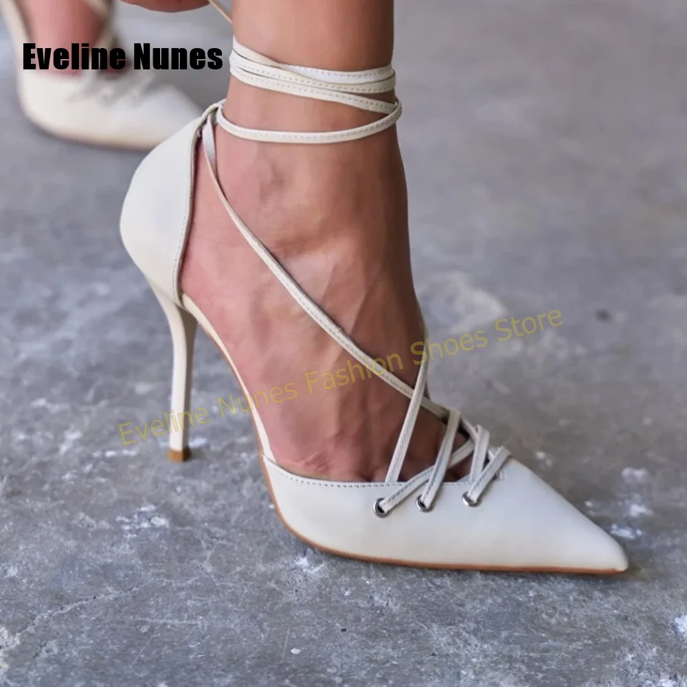 Women White Lace Up Wrap Pumps Pointed Toe Stiletto Ankle Strap Elegant Wedding Date Night Office Party Sandals 2026 Summer Shoe
