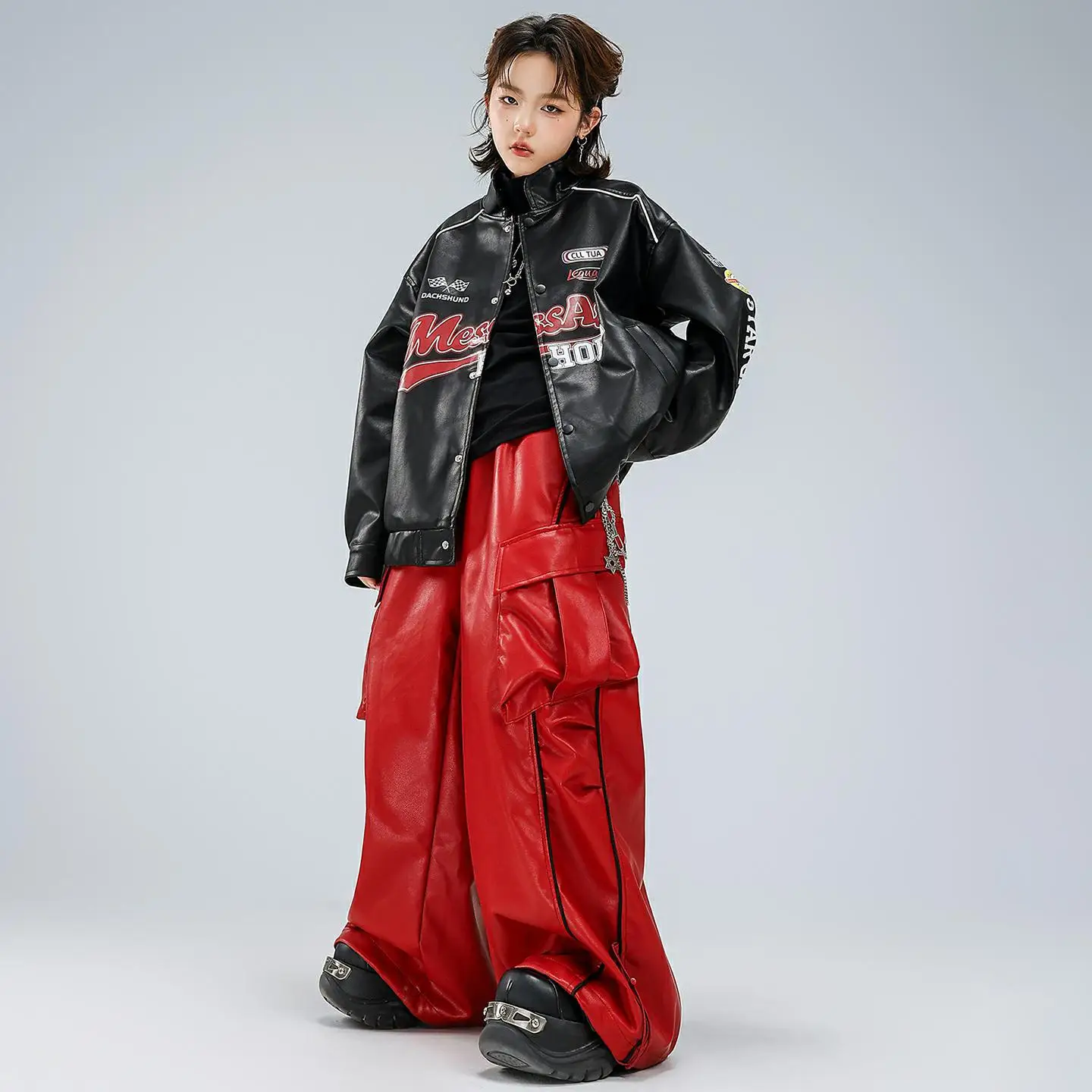 Kid Kpop Hip Hop Clothing Black PU Leather Motorcycle Jacket Red Casual Cargo Pants for Girl Boy Street Dance Costumes Clothes