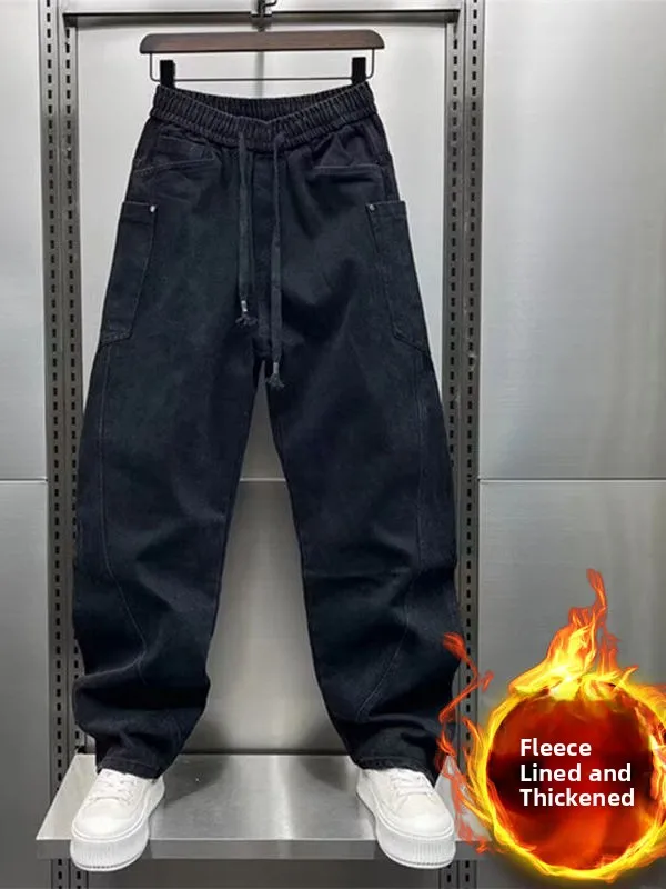 

Winter New Men's High Street American Casual Loose Straight Leg Fleece Lined Harlan Jeans Knife Design Wearable