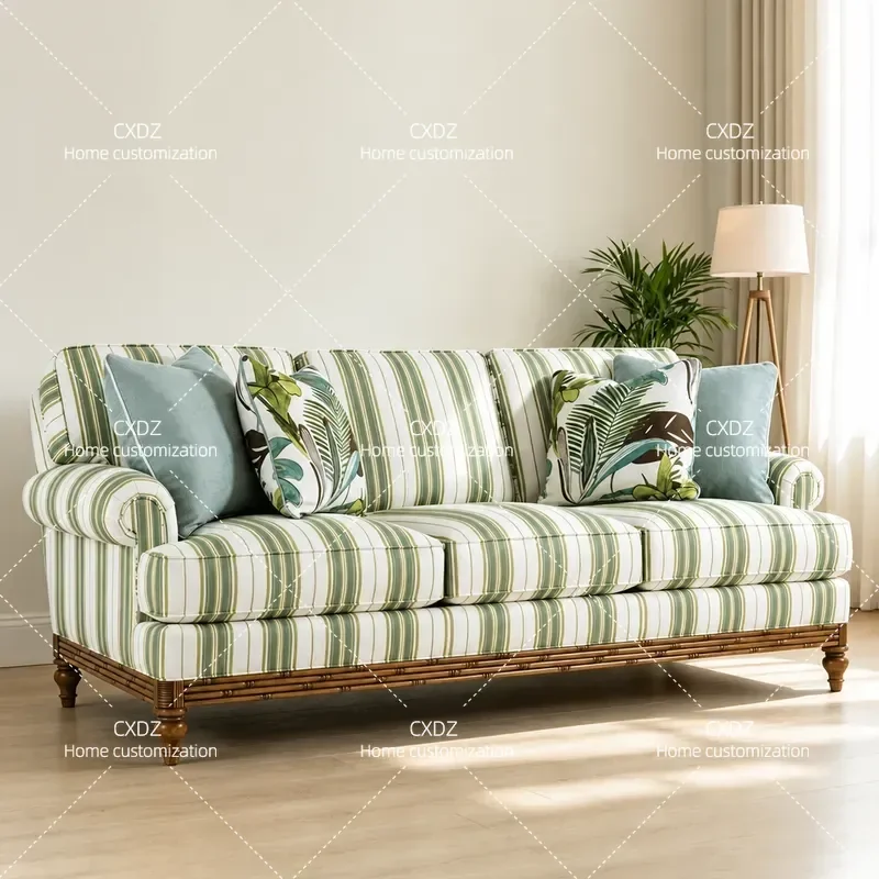 Sea Breeze Country Style Striped Fabric 3 Seater Sofa Green 123 Combination Set High End Ready Stock Living Room Furniture