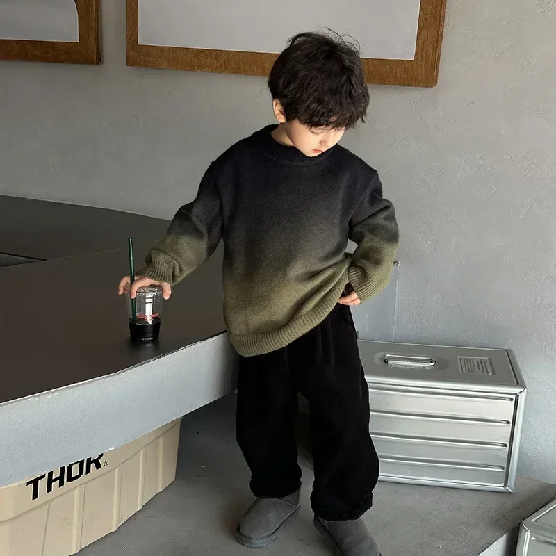 Children Clothes Kids Casual Sweater 2024 Winter Boy Handsome Thickened Cashmere Gradient Color Korean Style Warm Sweater
