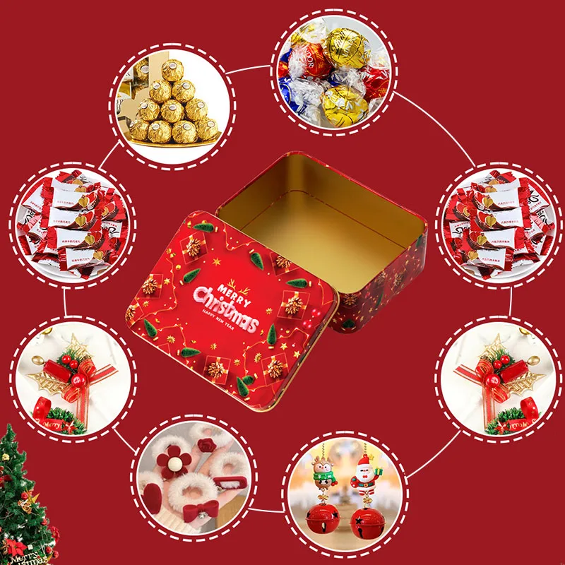 1PC Christmas Tinplate Box Rectangle Empty Cookie Candy Tin Box Santa Claus Gift Box Jewelry Storage Iron Can Xmas Party Supply