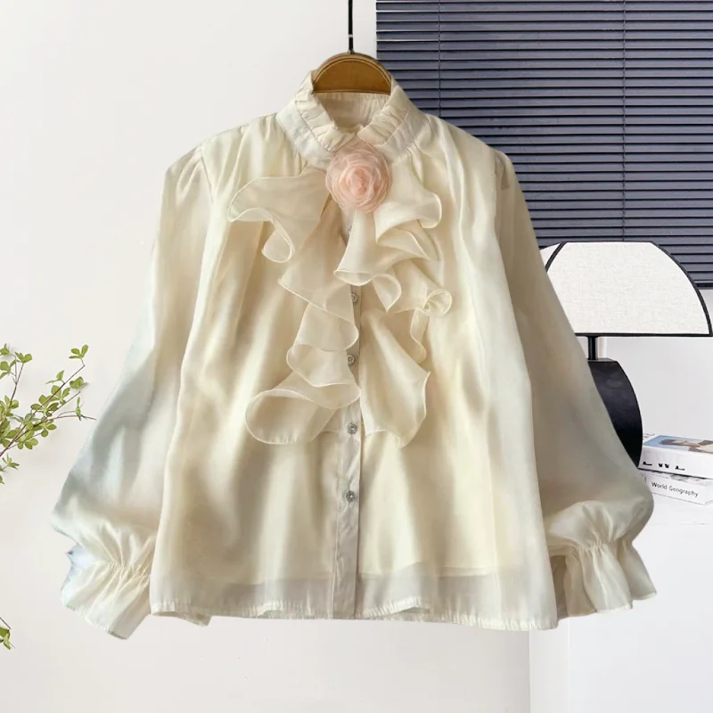 

2025, новинка, европейская, одежда,блузка, мода, сексуальная, подставка, пэчворк, оборки, цветок, женские, однобортные, с расклешенными рукавами, рубашка, топы, 57021