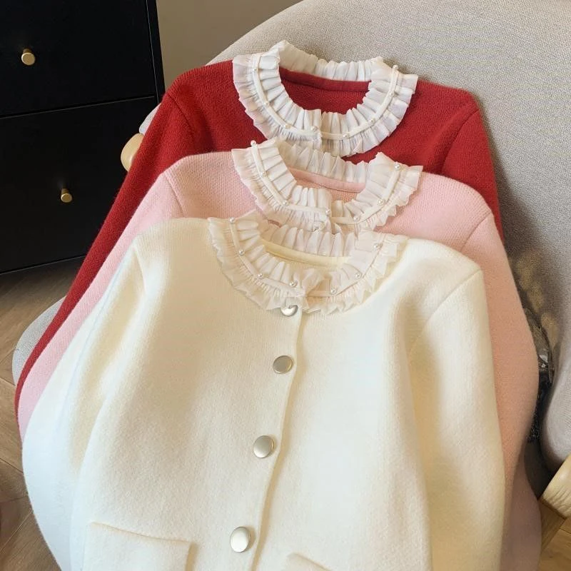 MEXZT Vintage White Knitted Cardigan Women Pink Lace Patchwork Sweater Outerwears Korean Long Sleeve Knitwear Winter Red Jumpers