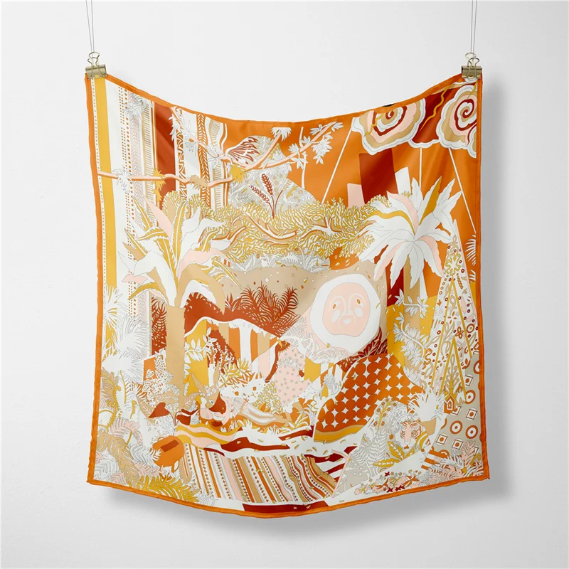 53 سنتيمتر ماركة مربع وشاح المرأة موضة حك 100% وشاح حريري شال تصميم الحجاب باندانا فولارد نبات الغابة الشمس رئيس منديل