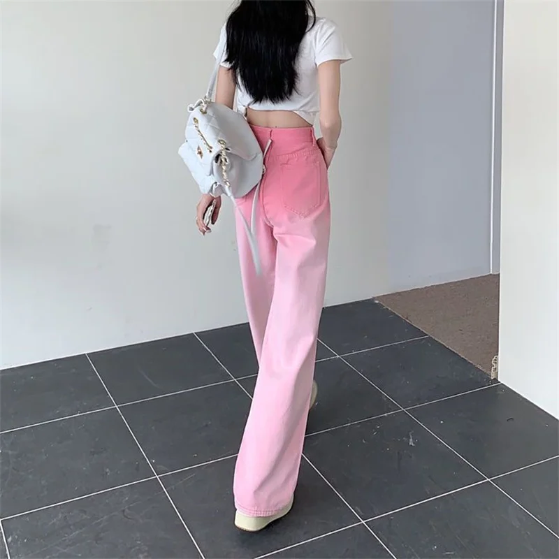 Celana Jeans Gradien Pinggang Tinggi Wanita Musim Semi Musim Panas Celana Pantalon Denim Lurus Wanita Korea Celana Koboi Kaki Lebar Wanita 2025