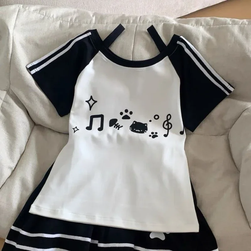 Japanese Kawaii Subculture Style 2 Piece Set Women Cute Cat Print Short Sleeve Tops A-Line Mini Skirt Sweet Lolita Outfit Summer image 5