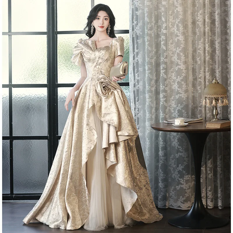 Golden Light Luxury Evening Dress Women's 2024 New Autumn Winter Style Host Art Exam Gown Graduation Ceremony Banquet Vestido