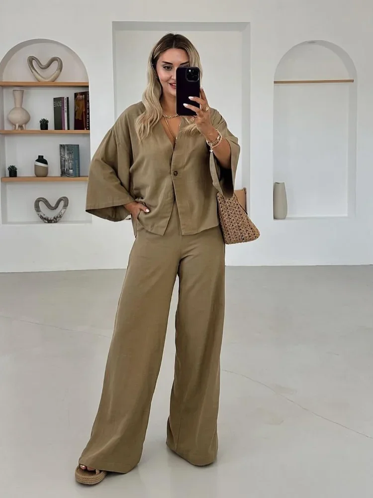 

Loose Solid Cotton Linen Pants Sets Women Casual Buttons Half Sleeve V-neck Shirts Suits New Lady 2025 High Street Outfit Summer