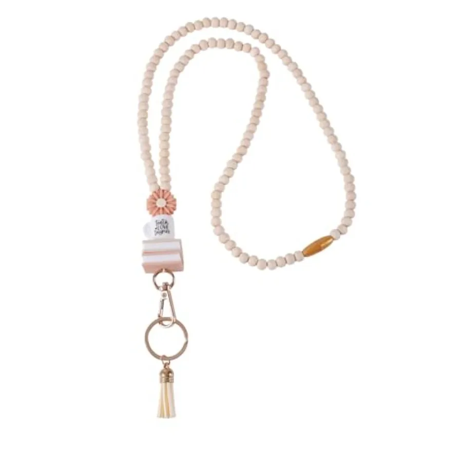 

Teacher Lanyard with ID Holder 19.5 Inch Daisy Wood Beaded Lanyard for ID Badges Keys Boho Cute Wooden Bead Teacher Lanyard Cha