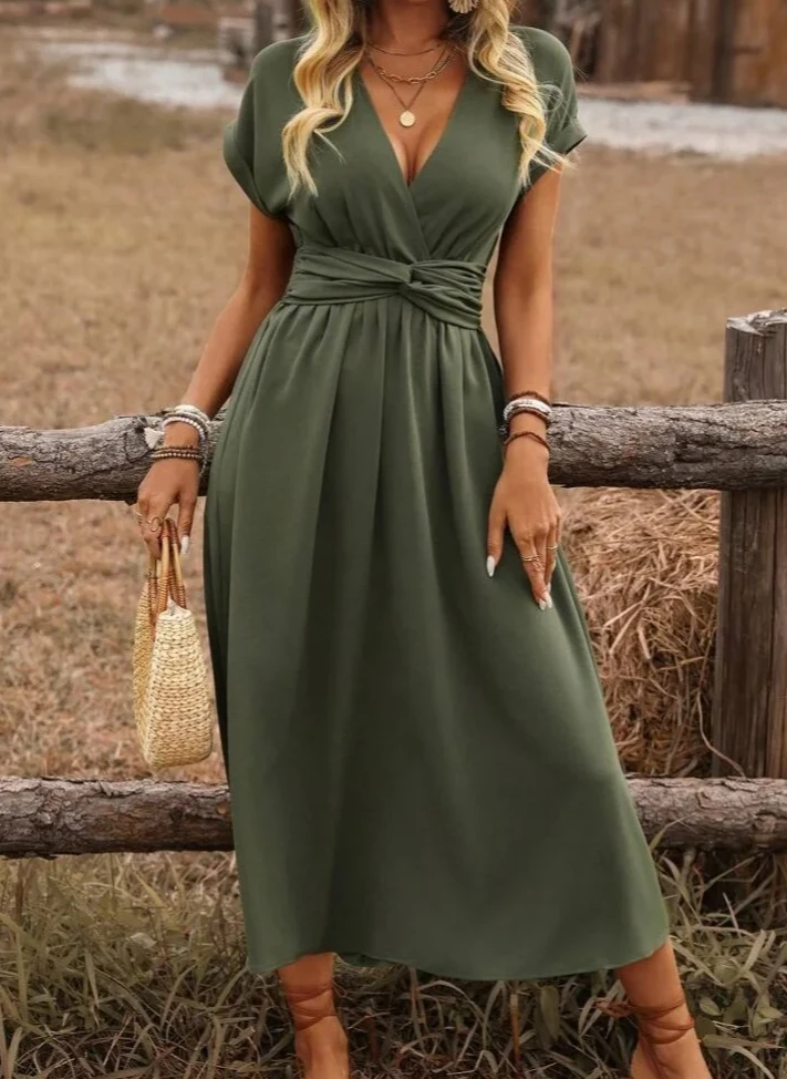 Woman Clothing Deep V Neck Wrap Midi Dress Short Sleeve Tie Waist Casual Boho Style