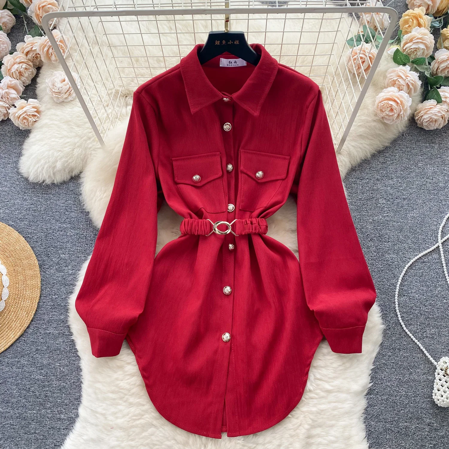 

Korean Female Long Sleeves Red Shirt Tops Spring Autumn Women Mesh Loose Shirts Ladies Medium Long Styles Cardigan Blouse Jacket
