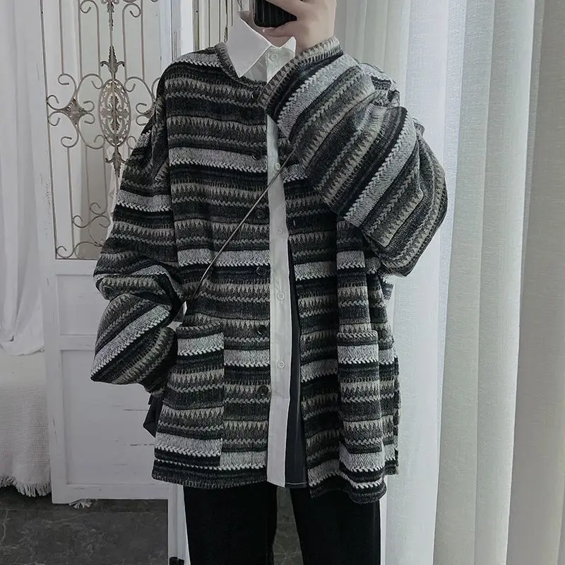 

Loose Men's Open Cardigan Knitted Sweater Striped Lazy Sle Jaet Spring Autumn Japanese Retro Brand Trendy Vintage Coat