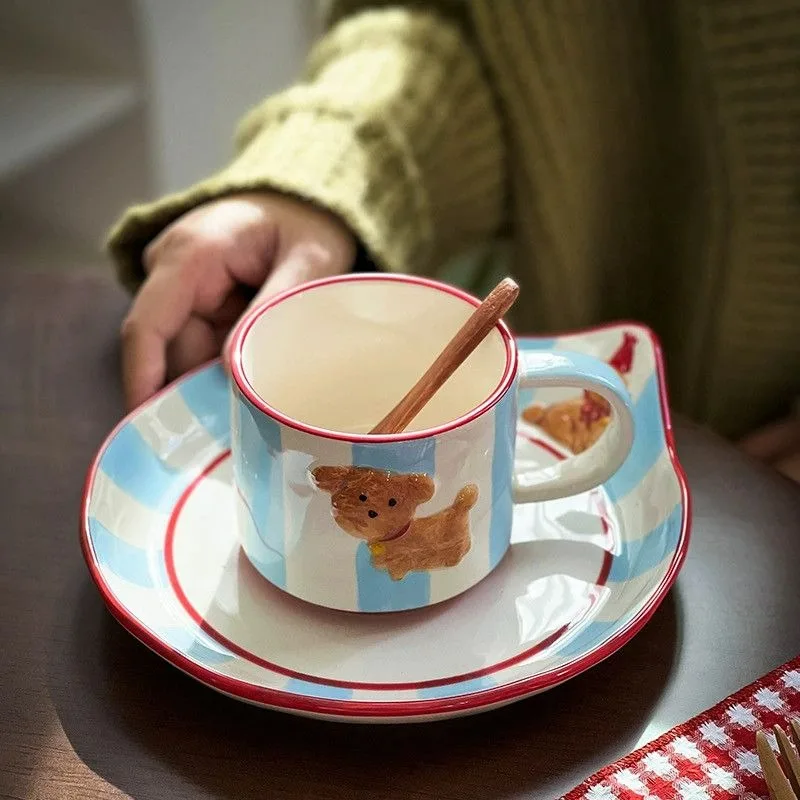

Creative Cute Hand-painted Puppy Ceramic Cup Coffee Cups Household Afternoon Tea Mug Saucer Set اكواب قهوه Kitchen Supplies