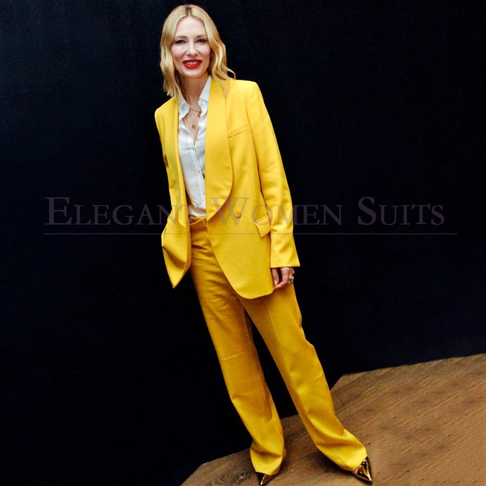 Elegant Yellow Women's Suits Blazer High Quality Double Breasted Loose Fit 2 Piece Jacket Pants Customized Female Clothing