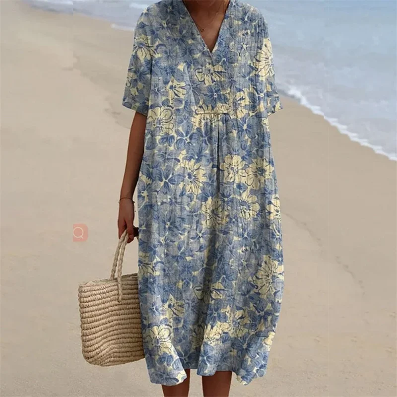 Elegant Print Women Dresses V Neck Pullover Side Pockets Dress Comfortable Casual Loose Waist Gown New Female Short Sleeve Frock