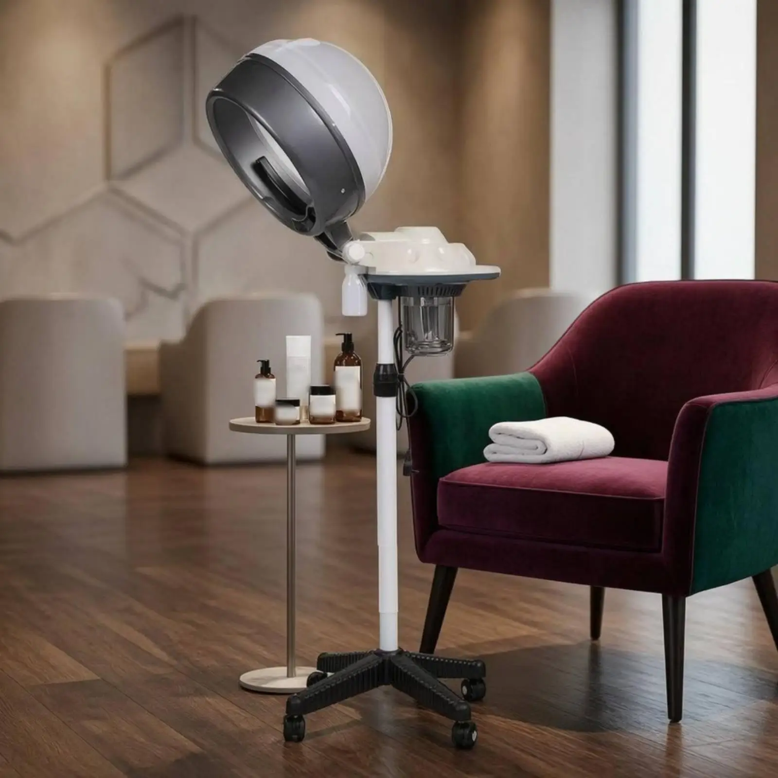Hooded Hair Steamer Height Adjustable Standing Hair Steamer Wheeled Base