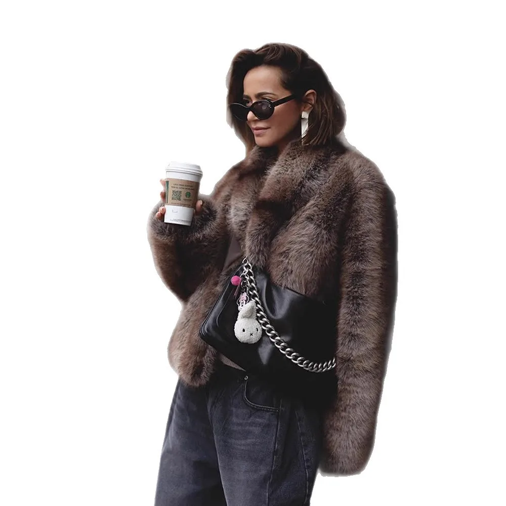 Vintage Winter Women Gradient Faux Fur Jacket Lapel Collar Artificial Eco Faux Fur Coat Thickened Short Lady Fluffy Fur Outwear