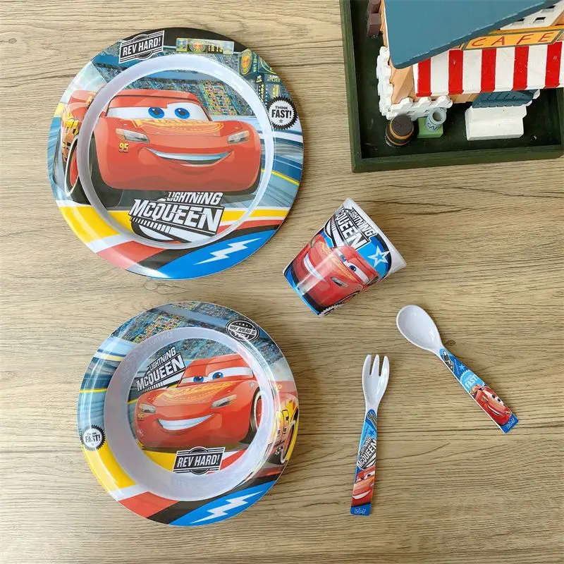 McQueen Cars cartoon animation creative fashion stoviglie set da cinque pezzi piatto tazza ciotola forchetta cucchiaio resina melamina materiale