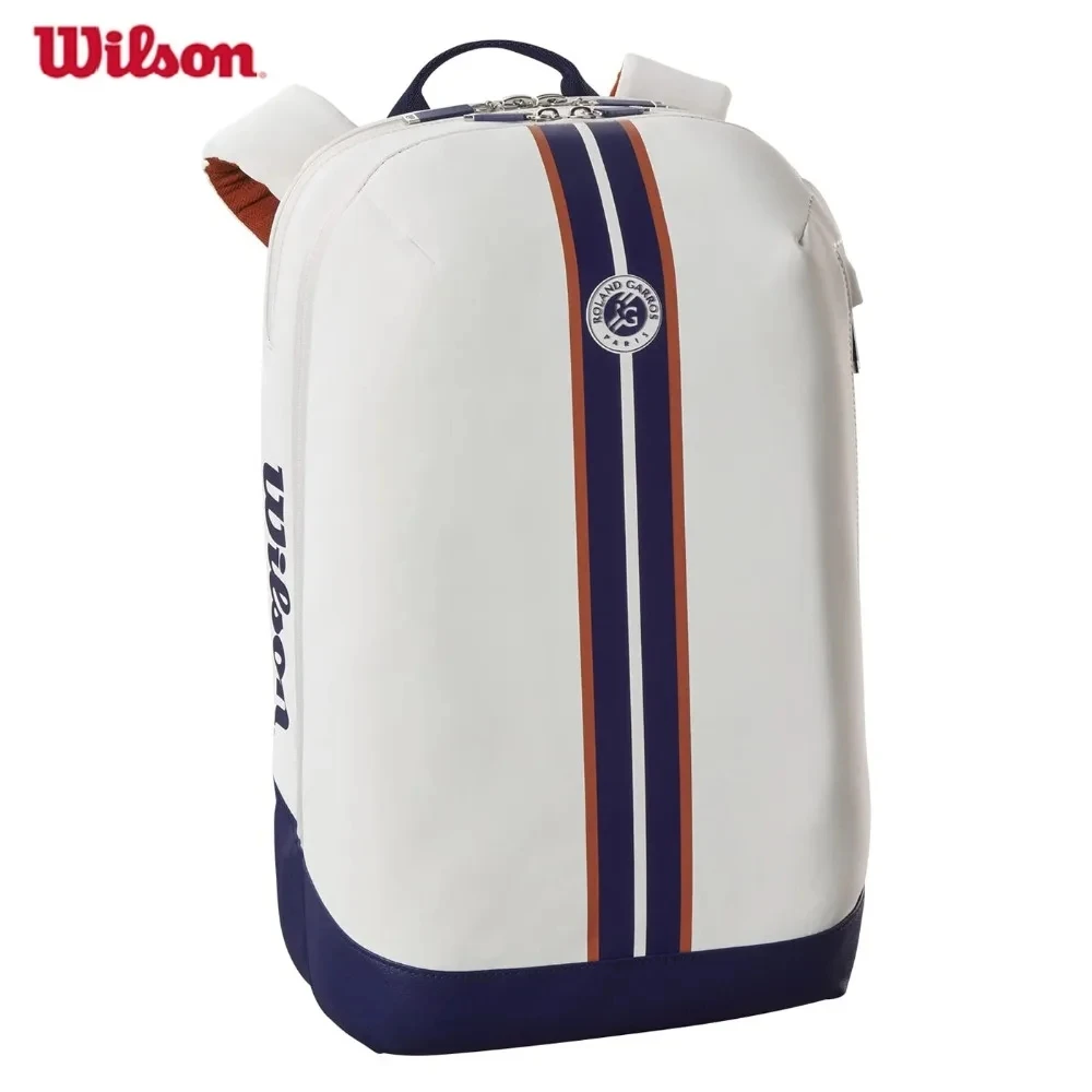 Wilson 2023 Roland Garros Super Tour Tennis Backpack, featuring racket pockets with partial racket compartments, elegant design,