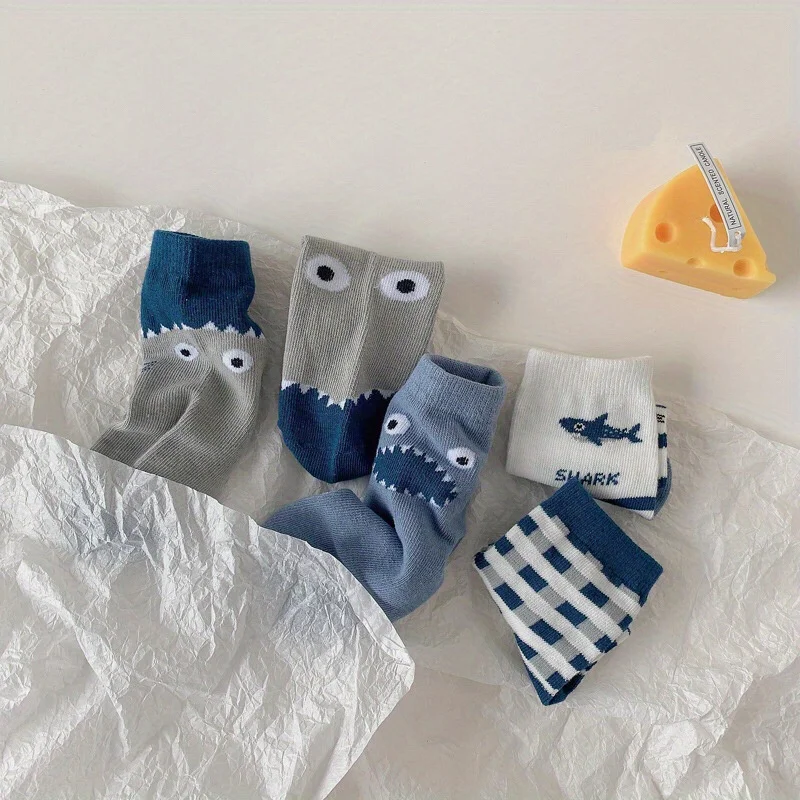 5‑Pack Boys Cartoon Shark Print Children Socks  Soft Cotton Stripe Plaid Mid Calf Breathable Kids Socks