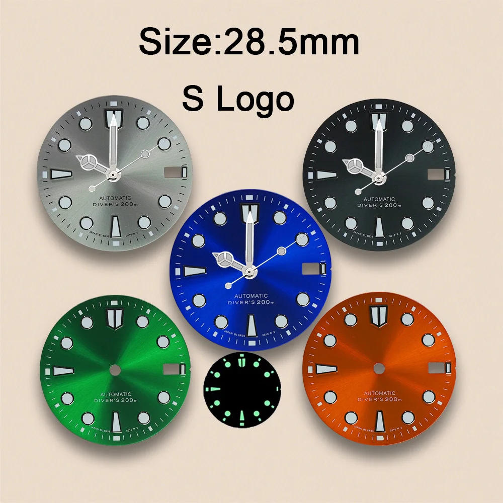 

New 28.5mm S Logo Dial Fit NH35/NH36/4R/7S Movement Sunburst C3 Green Luminous High Quality Dial Watch Modification Accessories