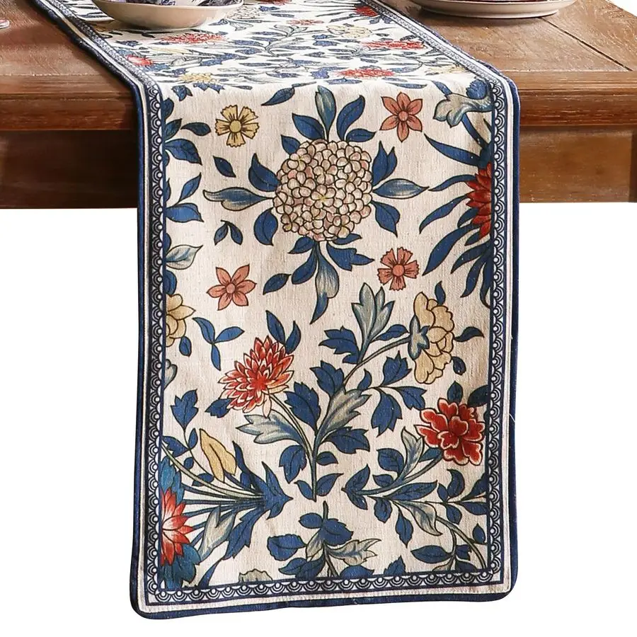 

Designer Blue Cottage Rustic Floral Patterned Linen Table Runner 87 Inch Long,Wrinkle Resistant Table Mat,Decoration for Kitchen