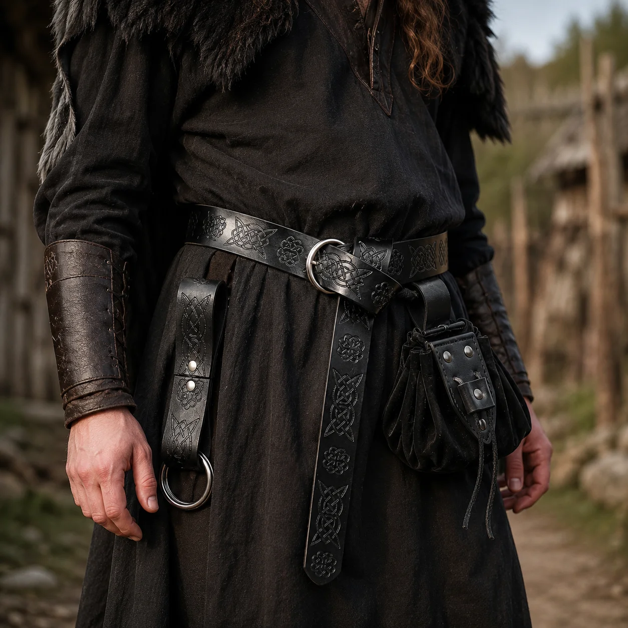 Celtic Leather Belt and Pouch Set, Medieval Waist Bag with Ring Holder, Adjustable Viking Costume Accessories for LARP view 4