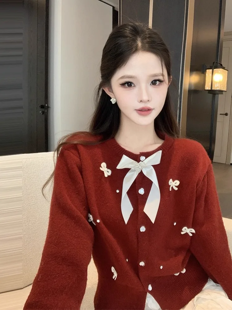 Свитер Cisas с красным узлом, вязаный длинный све, круглый кардиган Ne, милый топ Pure Desire Personali Cisas Theme Top