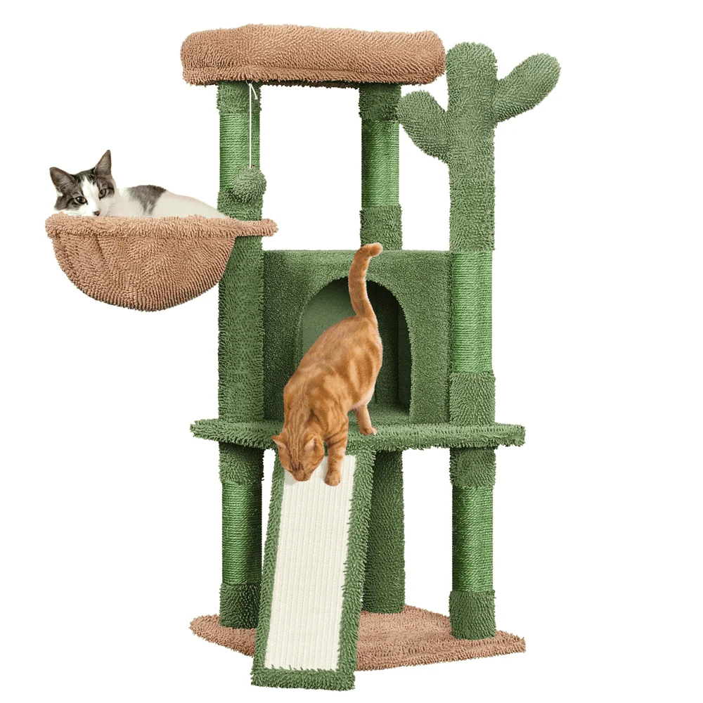 

42 H Cactus Cat Tree Tower with Natural Sisal Scratching Posts, Green & Brown