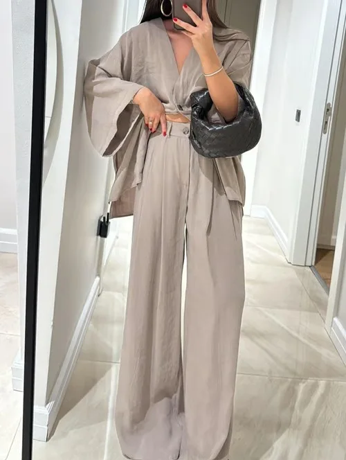 

Women Long Pants Sets 2 Pieces Casual Button Long Sleeve Blouse Shirts & High Waist Wide Leg Trousers Suits Lady Outfits 2025