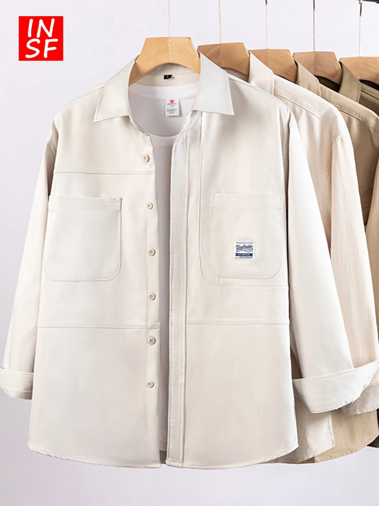 

American Style Heavyweight Work Shirt Long Sleeve Men's Jacket Spring Autumn Pocket Pure Cotton High-End White Shirt Coat