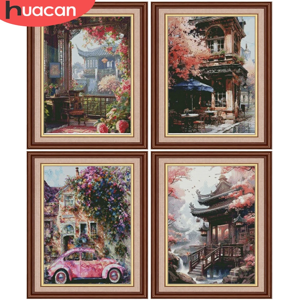 

HUACAN Cross Stitch House Landscape Embroidery Kit City Street Cherry Blossom 11CT Threads Needlework Handicrafts