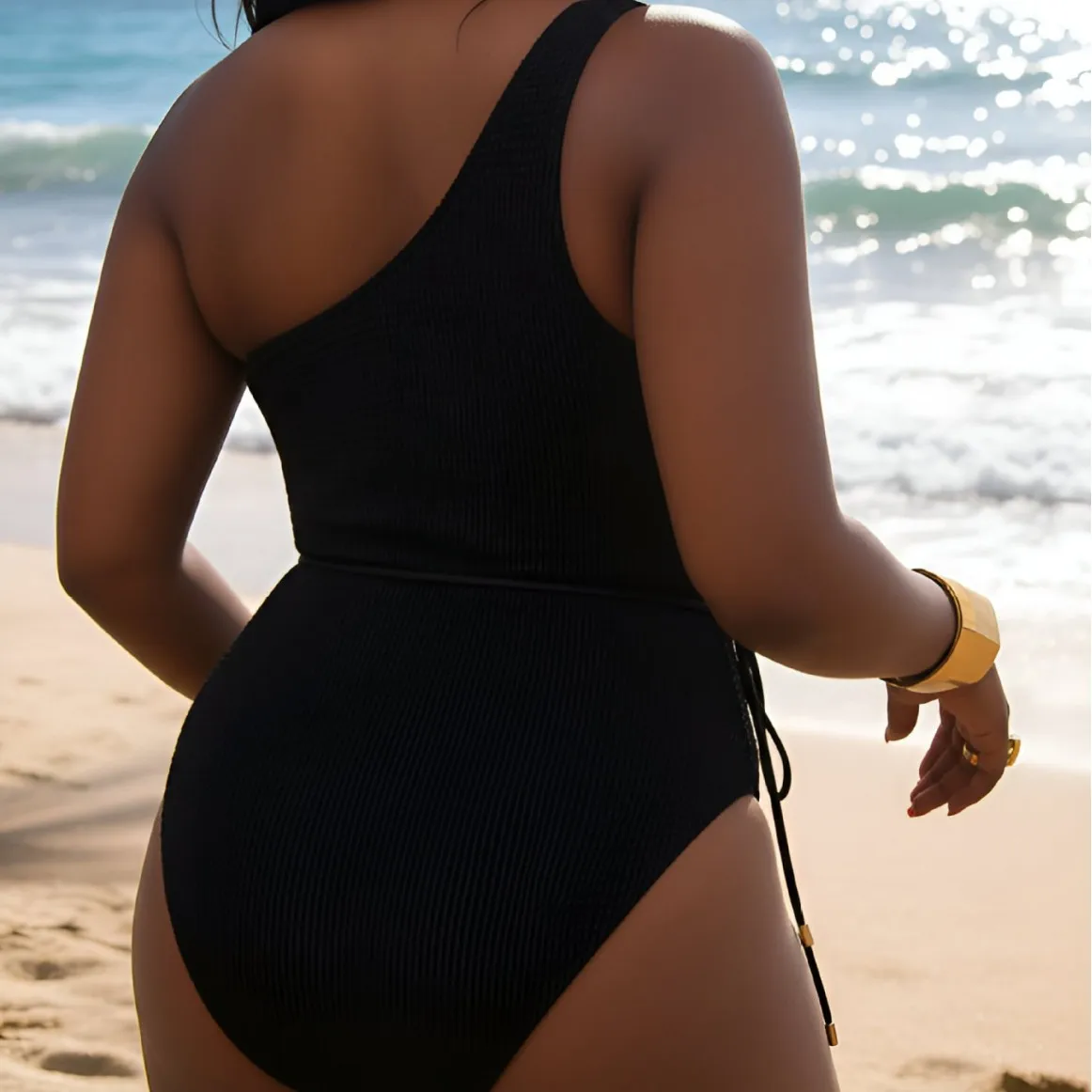 Plus Size Women One Piece Swimsuit Solid One Shoulder Waist Tie Design Slim Fit Retro Elegant Beach Bathing Suit For Ladies