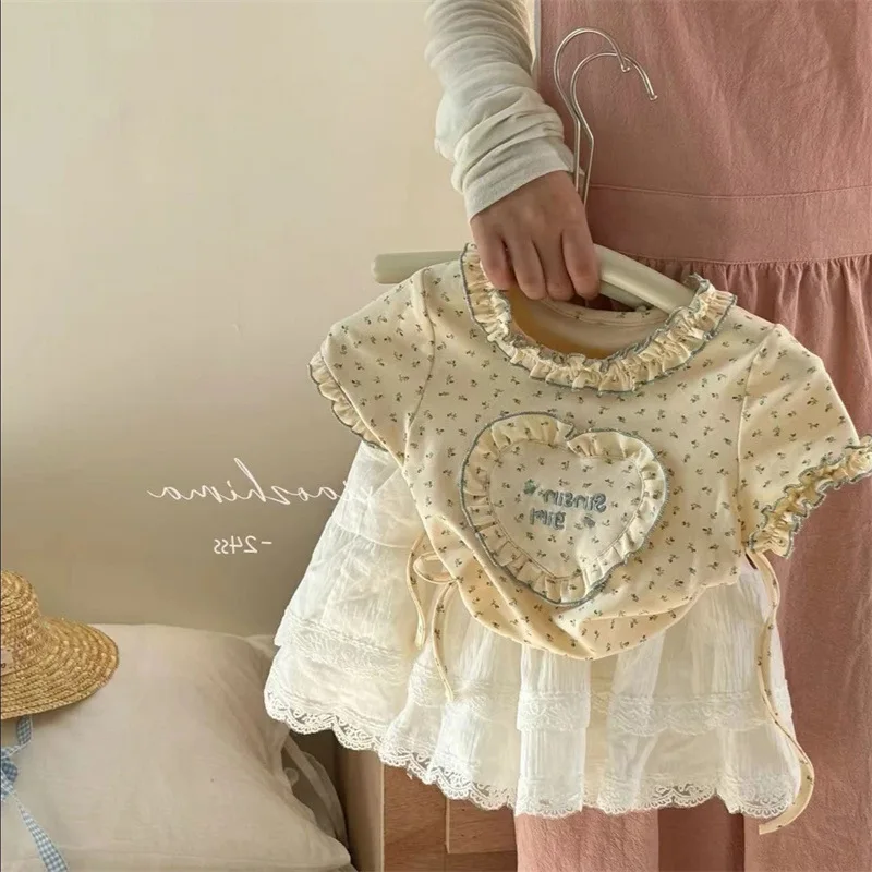 Childrens T-shirt 2024 Summer New Casual Fashion Print Letter Light and Thin Lace Top Loose and Comfortable Children Clothing