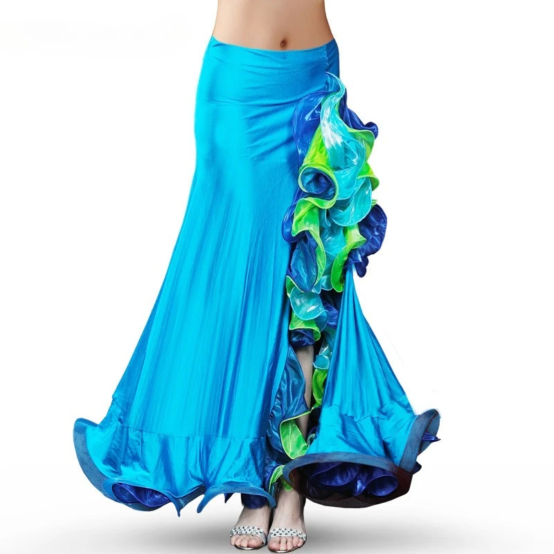 Aangepaste buikdanskostuum drie kleuren lotusblad gekrulde rok split opgerolde rand lotusblad rok