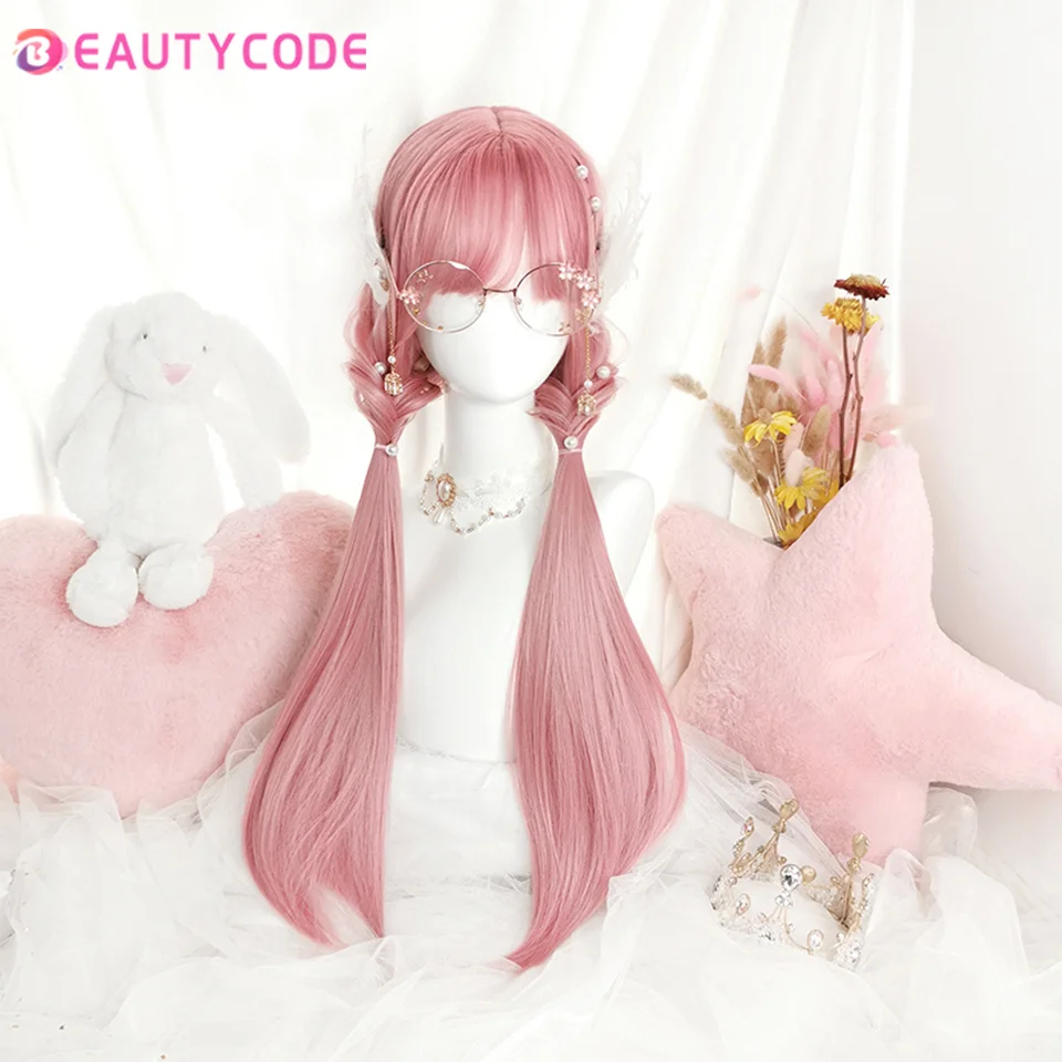 Synthetische Pruik Lange Golvende Meisje Roze Pruik Met Pony Hittebestendige Zwart Blauw Rood Blond Paars Cosplay Lolita Halloween Party pruik