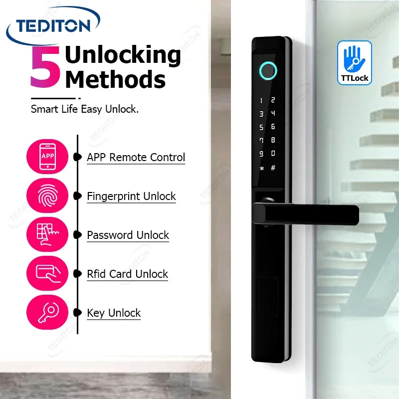 008 Tediton TTlock Outdoor Double Key Smart Lock Slim Aluminum Glass Door Waterproof Double Sided Fingerprint Smart Door Lock