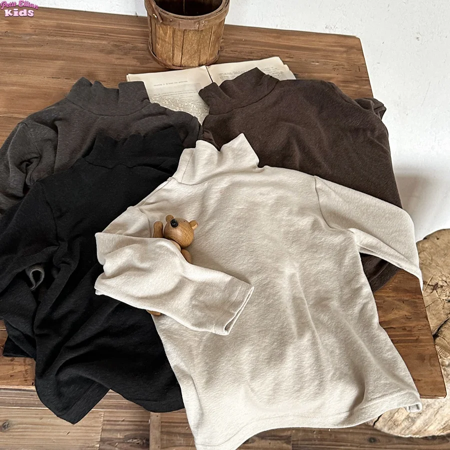 

Toddler Kids Boys 1-7Y Cotton Long Sleeve T-shirt Clothes Girl Brushed Mock Neck Top Basic Layering Shirt for Casual Daily Wear