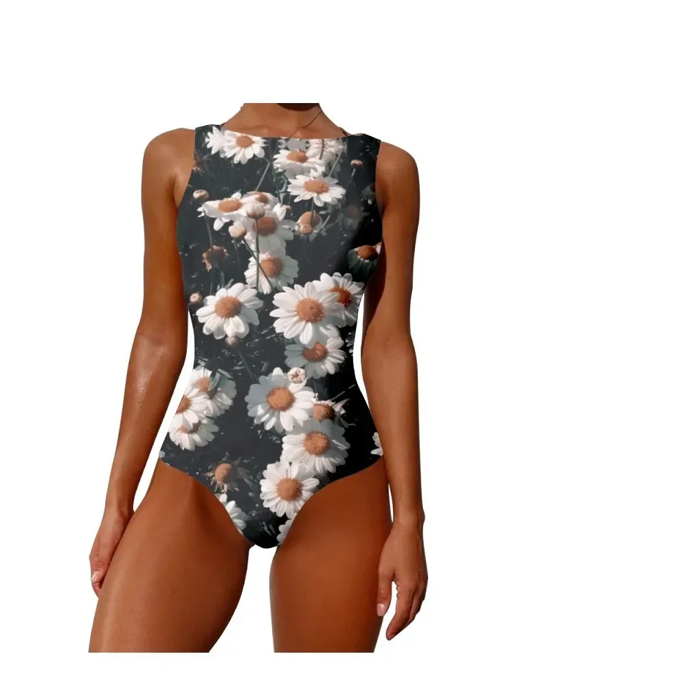 One Piece Swimsuit Kwaii Chrysanthemum Flower Pattern Printed Casual Swimwear Beach Swimming Bathing Sportswear Women Clothing