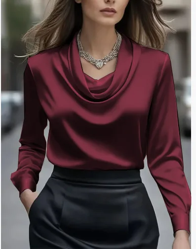 

Women's New Cowl Neck Solid Color Satin Long Sleeve Design Niche Mature French High End Daily Comfortable Casual Chiffon Blouse