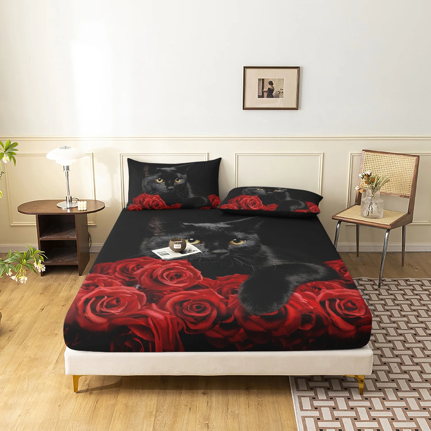 Black Cat Yellow Eyes Red Rose Print 3 Pieces Fitted Sheet Set, Gothic Dark Style Feline Pet Red Blooming Flower Print Bedding