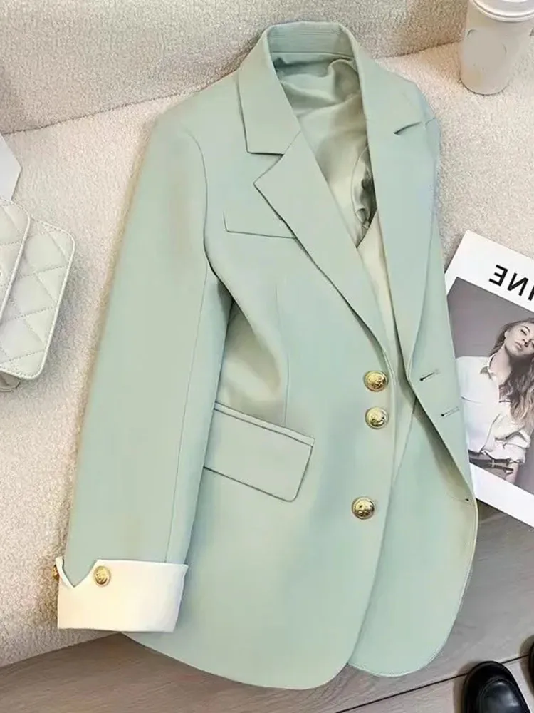 

Zoki Elegant Fashion Blazers Women Casual Long Sleeve Korean Sweet Suit Coat Chic Single Breasted Design Female Green Outwear