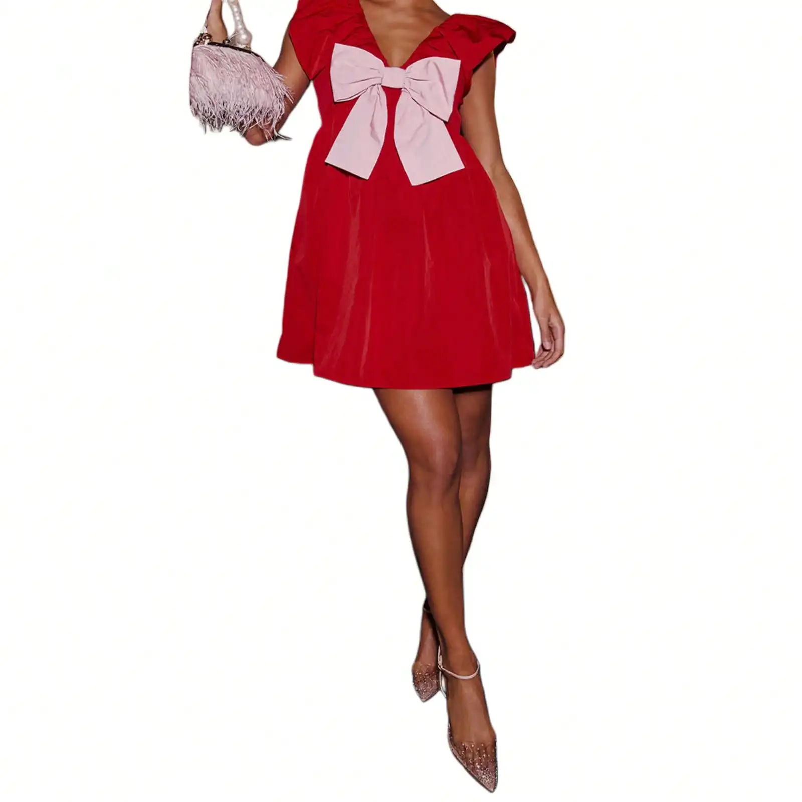 

Красное мини-платье с розовым бантом, V-образным вырезом, короткими рукавами и А-образным силуэтом для вечеринок