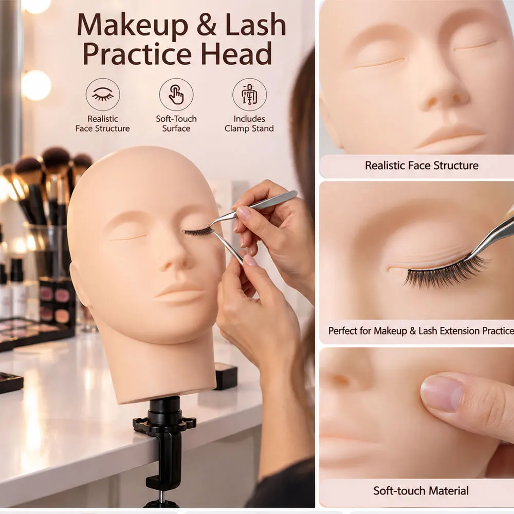 Girls Silicone Makeup Practice Head Mannequin for Eyelash Extensions Cosmetology Training Tool with Face Treatments Features