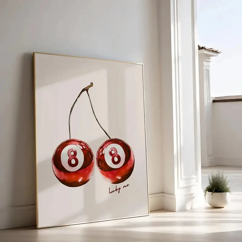Red Cherry Lucky Billiards Poster Aesthetic Stylish Girl's Room Dopamine Decoration Trendy Painting Canvas 1970s Wall Pictures