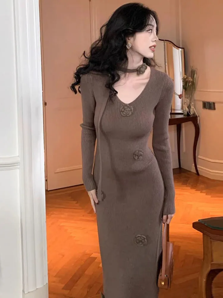 New Fashionable High Quality Knitted Collar Slim Fit Short Sleeved Three-dimensional Flower Button Long Women's Dress CQ339