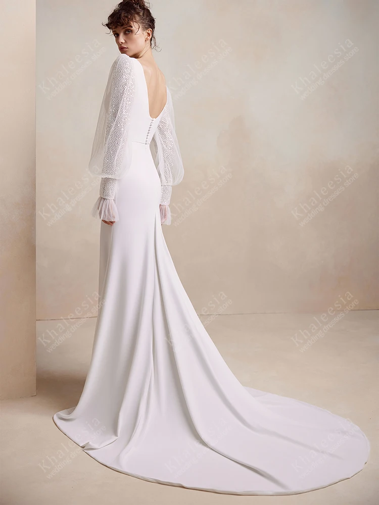 Vestidos de casamento elegantes, vestidos de noiva de cetim, mangas compridas bufantes, roupões para festa formal, encantadores, personalizados, 2025