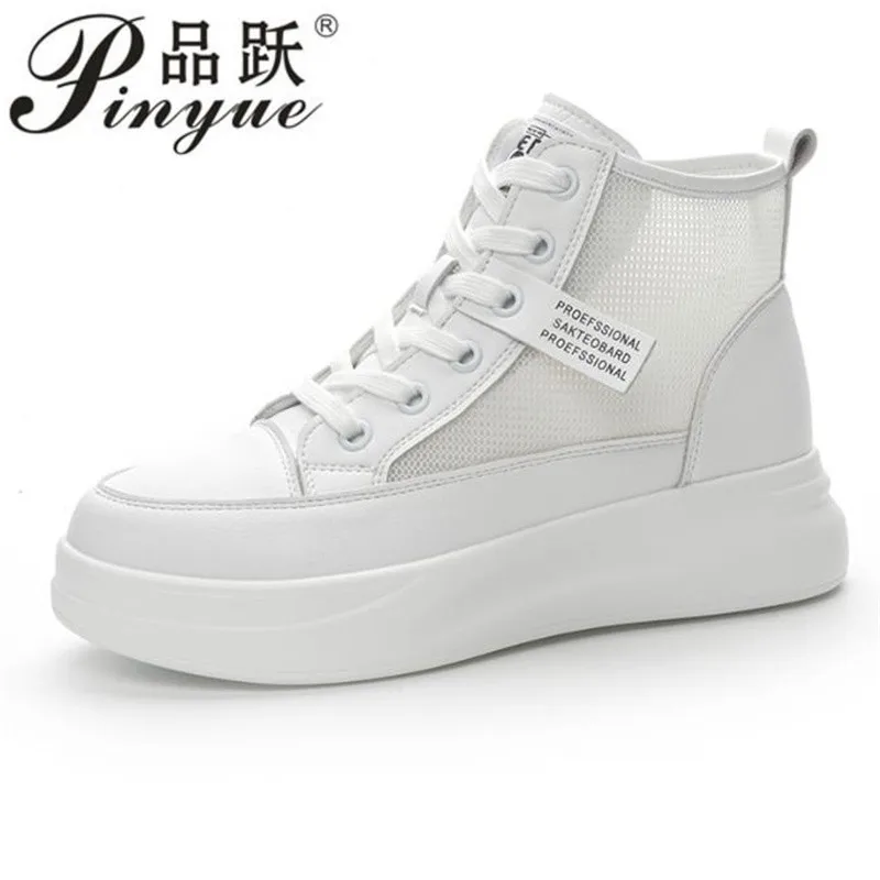 

4,5 см женские дышащие высокие кроссовки из натуральной кожи, женская летняя женская обувь, белые сапоги для девочек, размеры 34-40