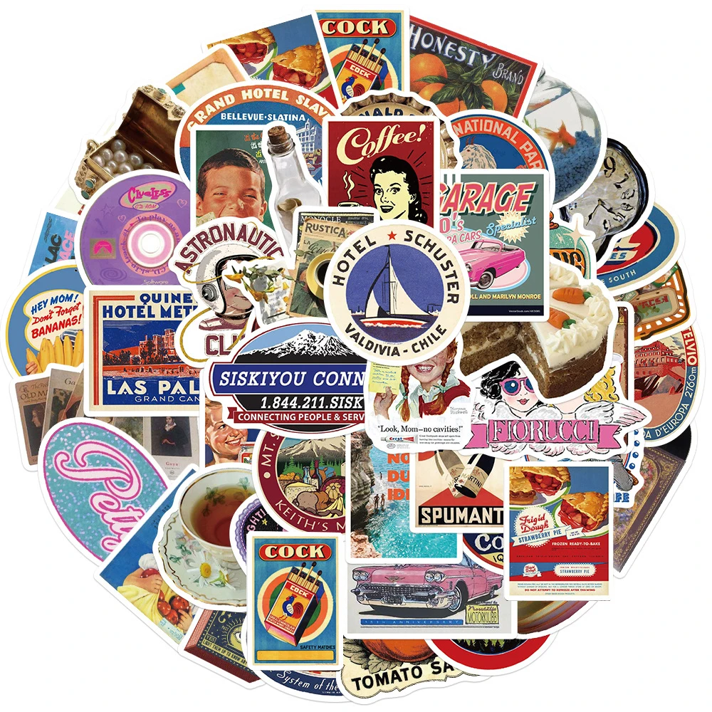10/30/50pcs Vintage American Posters Stickers Old Objects Cartoon Decals DIY Laptop Journal Notebook Retro Graffiti Sticker Pack